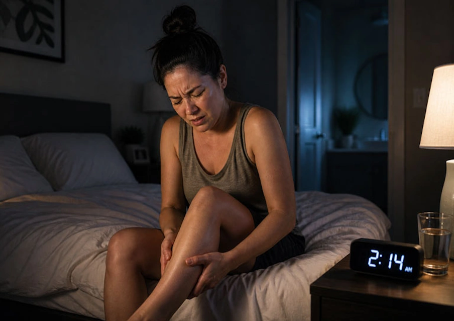 Person woken by leg cramps at night on keto — caused by electrolyte depletion of sodium, magnesium, and calcium during ketosis